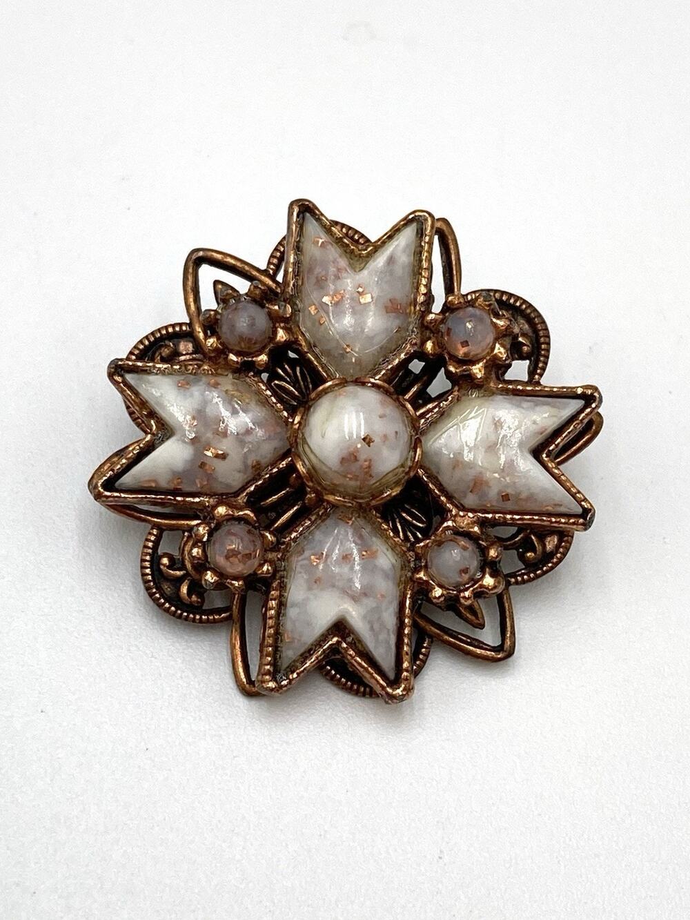 Vintage MCM Pink Speckled Copper Lucite Chevron Stones in Coppery Setting Brooch